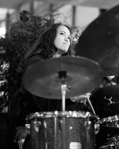 female drummer woman drumming drum drums jazz indie artist mt-bc music therapist 